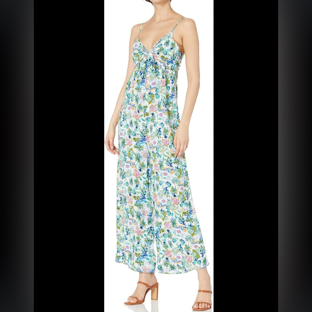 Caribbean Joe Tie Front Smocked Ankle Length Wide Leg Jumpsuit Size Medium